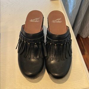 Dansko Black Leather Fringe Clog Mule